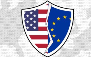 Image of a broken shield with images of the US and EU flags on a binary geographical backdrop depicting the broken privacy shield agreement